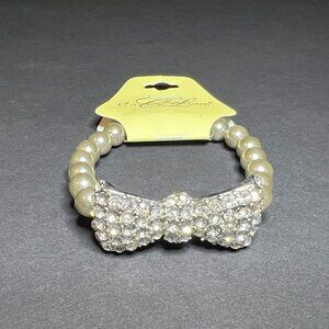 NWT Candace Lauren Grey & Silver Tone Rhinestone Bow & Beaded Stretch Bracelet